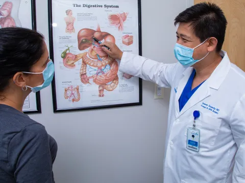 Dr. Iswanto Sucandy Showing patient diagram while wearing masks.