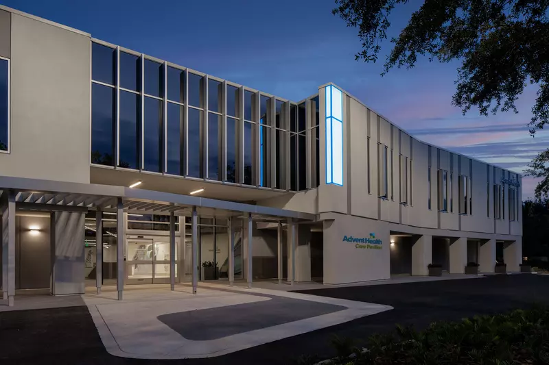 Adventhealth New Tampa building exterior at dusk