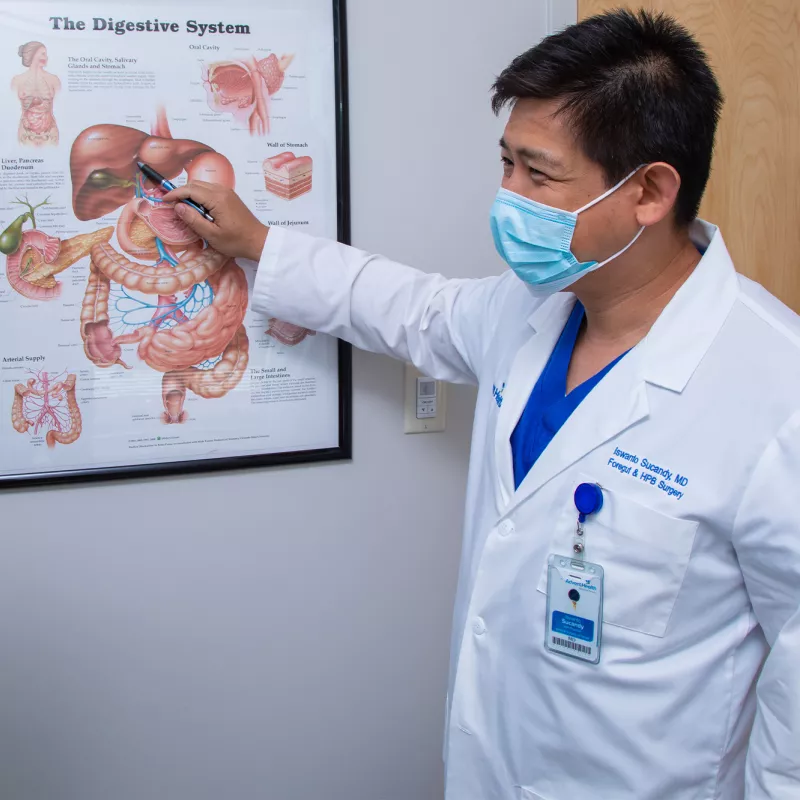 Dr. Iswanto Sucandy Showing patient diagram while wearing masks.